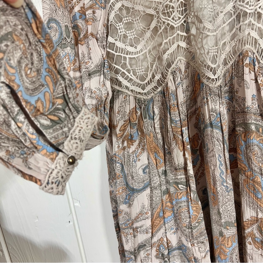 Free People Sweet Thing Paisley Muted Crochet Tunic Top Mini Dress | XS - Picture 7 of 10